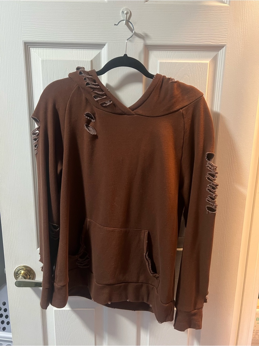 Distressed Brown Hoodie with Hood and Front Pocket